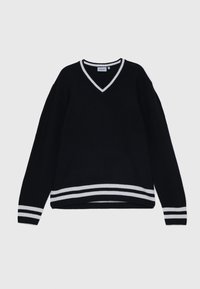 Czarny sweter dzianinowy z dekoltem w serek, z białymi wykończeniami przy dekolcie i dole, długie rękawy oraz paskowane akcenty przy mankietach i dolnym wykończeniu.