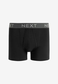 Schwarze Boxershorts aus weichem Stoff mit einem grauen elastischen Bund, der ein strukturiertes Muster und das Branding "NEXT" aufweist.