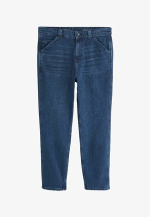 Tmavomodré denimové nohavice so voľným strihom, obsahujúce päť vreciek, pútka na opasok, zapínanie na gombík a zips a jemné vyblednuté detaily.