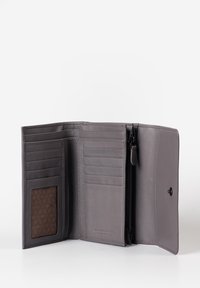 Gray leather wallet with multiple card slots, a zipped compartment, and a clear ID window, featuring a smooth texture and minimal design.