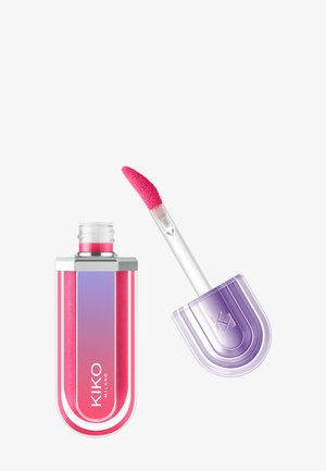 Kiiltävä pinkki huulikiilto läpinäkyvässä suorakulmaisessa pullossa ja violetti-liukuvärinen korkki, applikaattoripuikon kärjessä vinottain painelusieni.