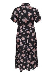 Robe midi noire à manches courtes avec motif floral rose et violet clair, col, taille cintrée et fermeture boutonnée au dos.