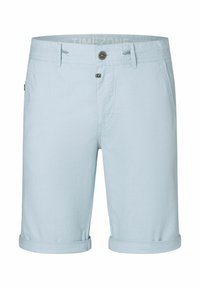 Helle blaue Shorts aus einem glatten Stoff, mit umgeschlagenen Säumen, einem Vorderknopf und zwei Seitentaschen.