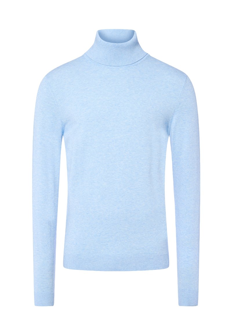 Hellblauer Rollkragenpullover aus weichem Material, mit langen Ärmeln und einer taillierten Passform. Einfache Textur mit geripptem Saum.