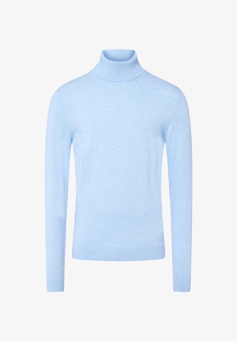 Jasnoniebieski sweter z golfem wykonany z miękkiego materiału, z długimi rękawami i dopasowanym krojem. Prosta tekstura z prążkowanym wykończeniem.