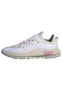 White athletic shoe with a breathable mesh upper, pink accents, and a textured, light outsole featuring a unique lattice design.