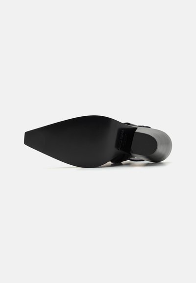 Black high-heeled shoe with a pointed toe and metallic-accented heel. Smooth texture and minimal design details on the sole.