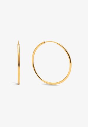 Dünne goldene Ohrhänger, seitlich und frontal auf weißem Hintergrund dargestellt.