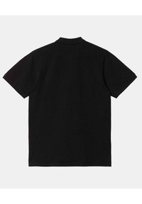 Schwarzes Polohemd mit kurzen Ärmeln, ausgestattet mit einem klassischen Kragen und weicher Textur. Einfaches Design, keine sichtbaren Muster oder Verzierungen.