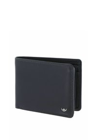 Portefeuille bi-pli en cuir noir avec couture visible et petit logo argenté ailé en bas à droite, montré partiellement ouvert.