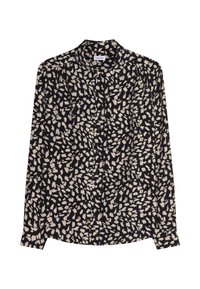 Blusa a maniche lunghe in blu navy, con un motivo astratto color crema. Realizzata in tessuto leggero, con chiusura a bottone e colletto.
