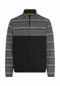 Pullover med høj krave, med et mønstrede design i blå og creme på den øverste halvdel, ensfarvet sort på den nederste halvdel og lynlåslommer.