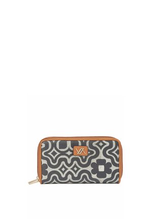 Rectangular zippered wallet with black and gray abstract floral pattern, brown trim, and a small leather logo patch on front.