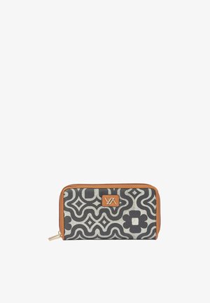Rectangular zippered wallet with black and gray abstract floral pattern, brown trim, and a small leather logo patch on front.