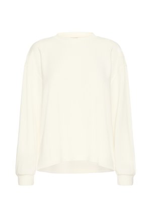 Hanorac alb cu mâneci lungi, decolteu rotund, croială lejeră, umeri căzuți și manșete striate, realizat dintr-un material moale.