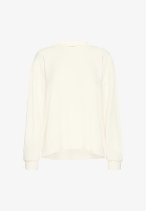 Hanorac alb cu mâneci lungi, decolteu rotund, croială lejeră, umeri căzuți și manșete striate, realizat dintr-un material moale.