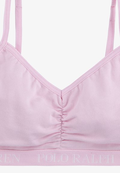 Világos rózsaszín melltartó kis ráncolt középső résszel, vékony állítható pántokkal és márkás elasztikus szalaggal az alján.