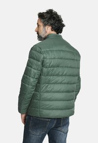 Chaqueta acolchada verde con una textura suave y brillante, con costuras horizontales y un cuello puntiagudo. Combinada con jeans de mezclilla oscura.