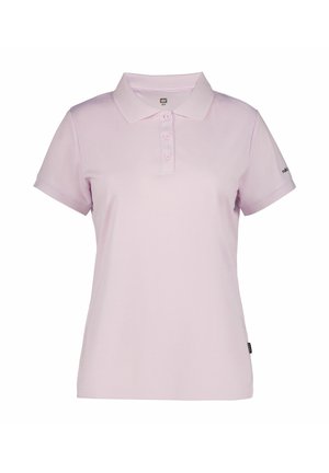Camiseta polo de manga corta en color rosa claro con tres botones, cuello clásico y un pequeño logo en la manga izquierda.
