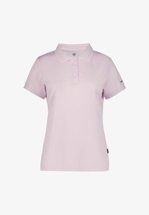 Polo rose clair à manches courtes avec trois boutons, un col classique et un petit logo sur la manche gauche.