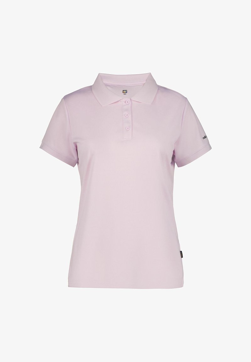 Lyserød kortærmet poloshirt med tre knapper, klassisk krave og et lille logo på venstre ærme.