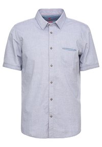 Camisa de manga corta en azul claro con un patrón a rayas, cierre con botones y un pequeño bolsillo en el pecho. Fabricada con tela ligera.