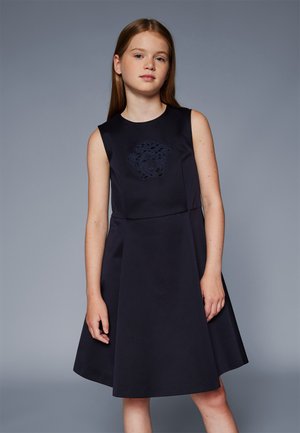 Navy sleeveless dress with a flared skirt, featuring embroidered design on the bodice. Smooth texture, made from lightweight fabric.