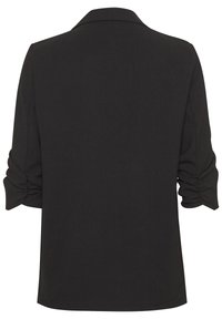 Blazer nero con colletto strutturato, maniche arricciate e texture liscia. Il retro è semplice, senza decorazioni visibili.