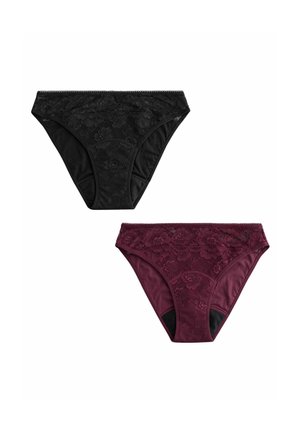 Two women's lace-trimmed cotton briefs, one black and one dark red, shown flat on a white background.