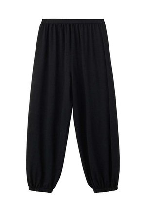 Pantalon noir large avec ceinture élastique et poignets élastiques aux chevilles, conçu pour le confort et un port décontracté.