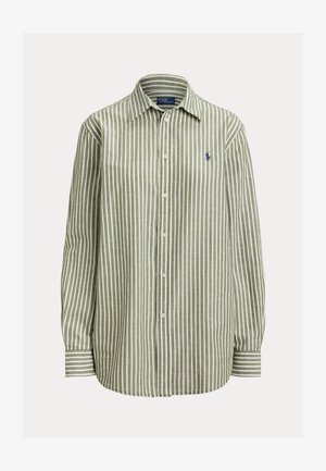 Green and white striped button-up shirt, cotton fabric, long sleeves, classic collar, features logo in navy on the left chest, plain cuffs.