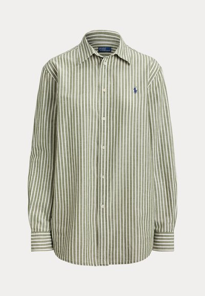 Grün-weiß gestreiftes Hemd mit Knopfleiste, Baumwollstoff, lange Ärmel, klassischer Kragen, mit Logo in Marineblau auf der linken Brust, schlichte Manschetten.