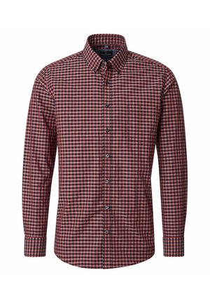 Red, black, and white checkered long-sleeve button-up shirt with a collar and buttoned cuffs on a white background.
