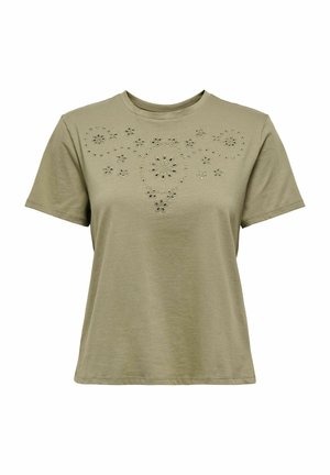 Oliwkowy t-shirt z krótkim rękawem z haftowanym wzorem kwiatowym i wycięciami z przodu. Miękka tkanina, luźny krój, okrągły dekolt.