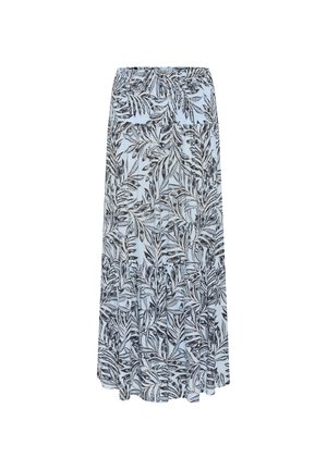 Gonna maxi blu chiaro con motivo a foglie nere, vita elasticizzata e un design fluido con una texture liscia.