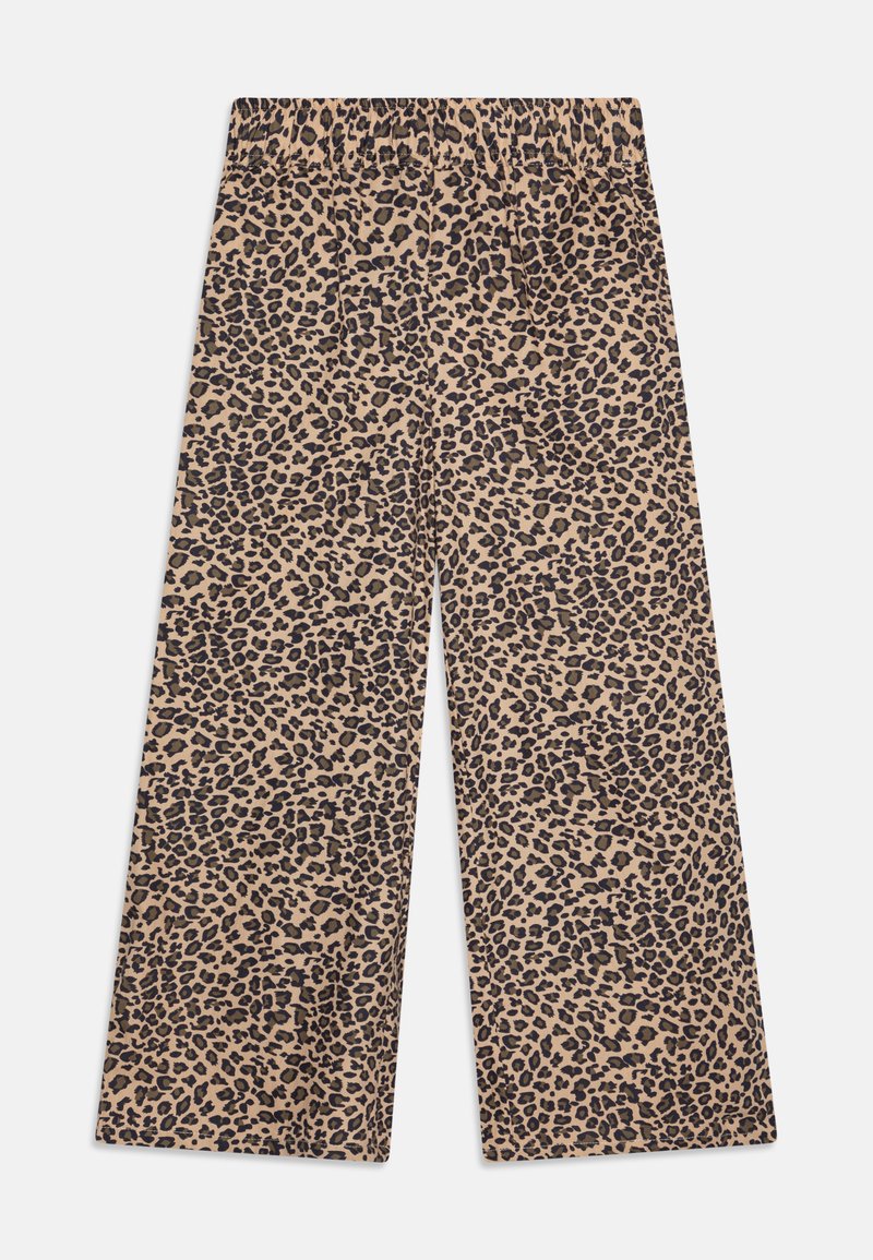 Luipaardprint wijde broek in een beige en zwarte kleurstelling met een elastische tailleband. Zachte textuur en comfortabele pasvorm.