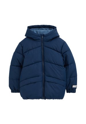 Veste matelassée pour enfants bleu marine avec capuche, fermeture éclair intégrale à l'avant, poignets élastiques et deux poches avant.