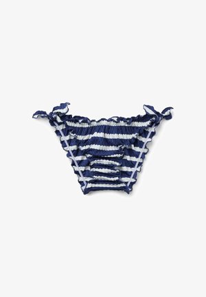 Braguitas de bikini a rayas azul marino y blancas con bordes fruncidos y cordones laterales, colocadas planas sobre un fondo blanco.