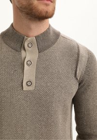 Vousatý muž v béžovém a hnědém pleteném svetru s vroubkovaným límcem a zapínáním na tři knoflíky blízko krku.