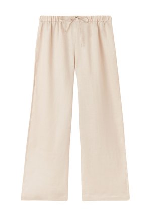 Beige kalhoty širokého střihu z lehkého materiálu, s pružným páskem na stažení a hladkým povrchem, navržené pro pohodlné nošení.