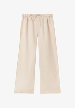 Beige vidde bukser lavet af let stof, med en snor i taljen og glat tekstur, designet til en afslappet pasform.