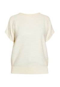 Lys creme top med korte ærmer, der har et tekstureret ribbet design og en afslappet pasform. Blødt, åndbart stof og ribbet halsudskæring.