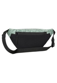 Marsupio nero e verde chiaro con texture in rete, tasche con zip, tracolla regolabile e motivo astratto di foglie sul pannello superiore.