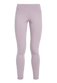Fialové legíny vyrobené z elastické tkaniny, s vysokým pasem a bílými bočními pruhy pro kontrast. Ideální pro sportovní oblečení.