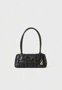 Melnas austas somiņa no sintētiskās ādas, taisnstūra formas, ar divām rokturiem un zelta krāsas logotipa akcentu.