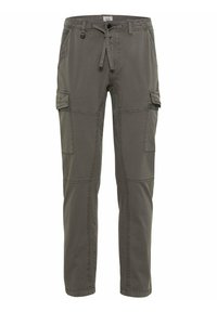 Cargo-Hosen in olivgrün mit einer Kordelzugtaille, mehreren Seitentaschen und sichtbaren Nähdetails. Hergestellt aus leichtem Stoff.
