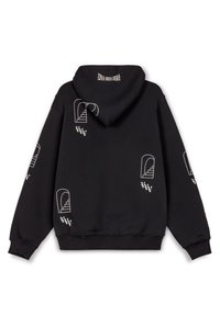 Schwarzer Hoodie mit einer Fronttasche, der weiße Grafikmuster von Türen und Treppen zeigt. Weicher Stoff mit lockerer Passform und gerippten Bündchen.