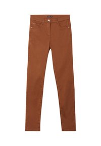 Jeans marroni a taglio slim realizzati in tessuto misto cotone. Presentano una chiusura a bottone, cinque tasche e dettagli di cucitura in contrasto.