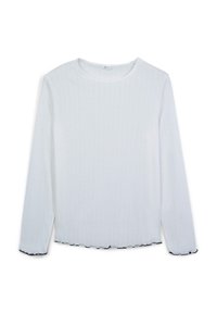 Haut à manches longues blanc avec un motif texturé à côtes, encolure ronde et ourlet festonné. Présente des coutures noires contrastantes le long des bords.