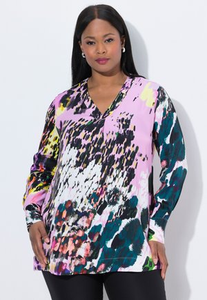 Multicolored blouse with a V-neck, featuring a vibrant pattern of purple, black, and green. Long sleeves and soft fabric texture.